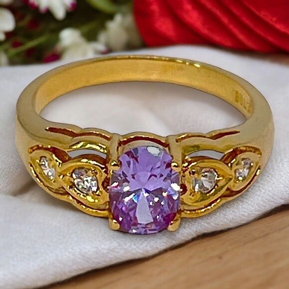 Vintage Ring Size 5 Purple Cubic Zirconia Accents 14K Gold Plate Mid-Century 14J - Picture 1 of 10